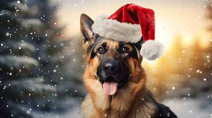German Shepherd With Red Christmas Hat, Bokeh Background, Generated AI