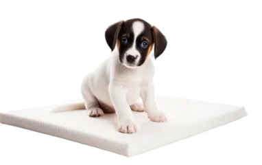 Foto op Canvas Sitting a White Cute Dog in Training pads Isolated on Transparent Background PNG. © Haider