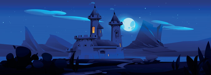Night medieval castle near river. Vector cartoon illustration of fairytale kingdom, old royal palace with yellow light in stone tower windows, moon glowing in starry sky, rocky landscape around lake