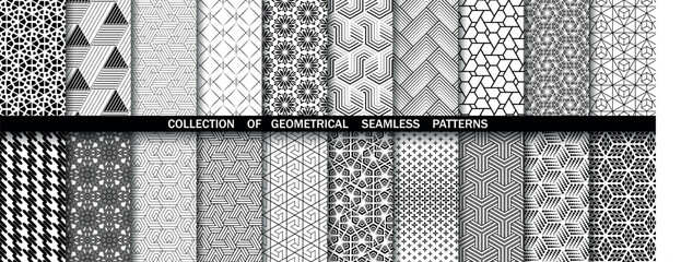 Geometric set of seamless black and white patterns. Simple vector graphics
