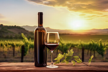 Red wine bottle mock up without label, glass, product promotion, advertising, vineyards at sunset