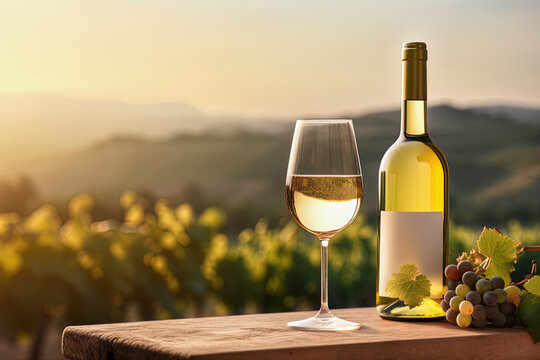 White wine bottle mock up with empty label, glass, promotion, advertising, vineyards at sunset