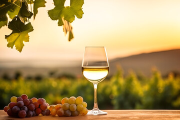 Glass with white wine on the table, grapes, in a beautiful setting at sunset