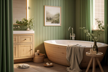 Naklejka na ściany i meble Modern bathroom, minimalistic clear interior design with green, white and beige colors with wooden texture