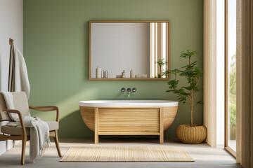 Modern bathroom, minimalistic clear interior design with green, white and beige colors with wooden texture