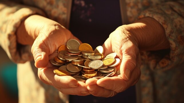 Money In Hand., close up. An old woman holds coins in her hands. Concept of economic crisis and social issues. full ultra HD, High resolution