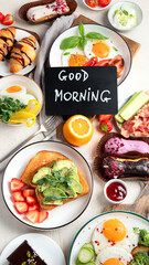 Healthy breakfast eating concept, various morning food on light background
