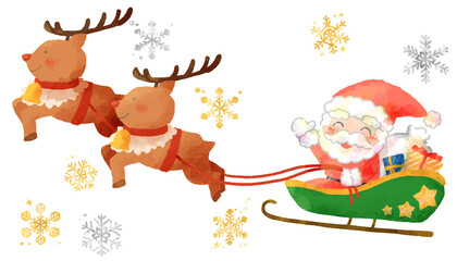 トナカイのソリに乗っているサンタクロースのイラスト　手描き