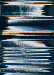 VHS tape glitch. Analog noise texture. 8bit frequency. Blue orange white color pixel artifacts on dark black illustration abstract background. - obrazy, fototapety, plakaty