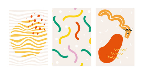 Naive groovy abstract shapes set. Brutal contemporary figure star oval wave patterns. Swiss design aesthetic. Geometric posters in trendy retro brutalist design style