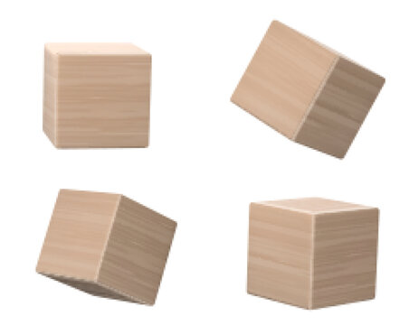 3d wood cube block realistic vector for word game isolated on white background. Wooden education toy template icon floating. Perspective view on clear brick object different png clipart collection.