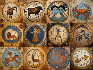 Set of zodiac signs icons. Aries, Leo, Gemini, Taurus, Scorpio, Aquarius, Pisces, Sagittarius, libra, Virgo, Capricorn, and cancer. Cave paintin style