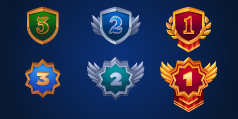 Fototapeta na wymiar Gold game level badge ui icon for rank medal award. 3d shield button for winner. Victory rating design. Red medieval rpg app metal win interface with golden border, wings and branch illustration.