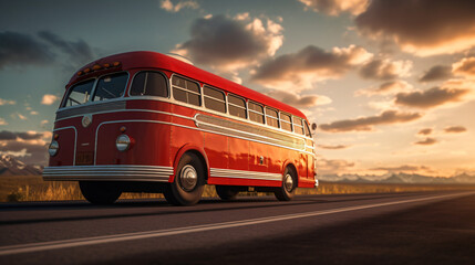 Red retro bus back - obrazy, fototapety, plakaty