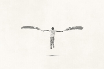 Illustration of man with plumes wings fly in the sky, icarus concept - obrazy, fototapety, plakaty