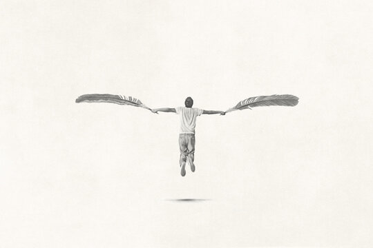 Illustration of man with plumes wings fly in the sky, icarus concept