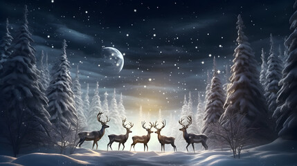 Reindeers in jungle at winter night