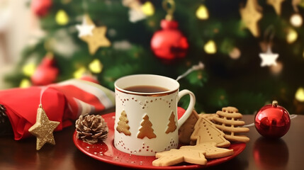 Obraz na płótnie Canvas Decorated coffee cup and cookies with background of christmas tree