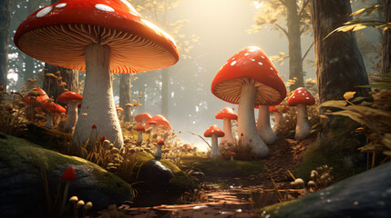 Red toadstool mushroom forest - obrazy, fototapety, plakaty