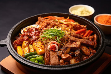 Korean rice dish that combines steamed rice with meat and fried vegetable.