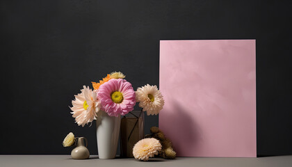 Vase with flowers and greeting card on dark background