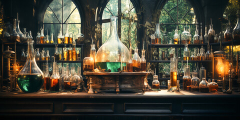Scientific Laboratory with Glassware and Chemicals - obrazy, fototapety, plakaty