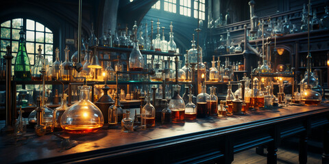 a fully stocked chemistry laboratory featuring glassware, chemicals, and scientific instruments. - obrazy, fototapety, plakaty