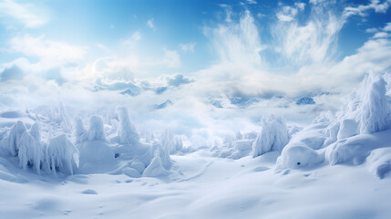 Winter paradise where mystical snowfall creates an enchanting and dreamlike landscape