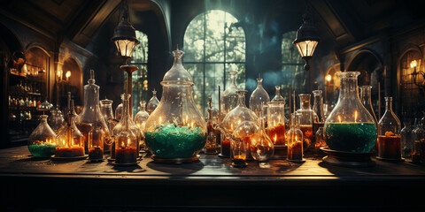Ancient chemists laboratory with mysterious objects and experiments with atmospheric sunlight shining though dusty windows generative ai  - obrazy, fototapety, plakaty
