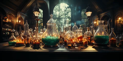 Foto op Plexiglas Ancient chemists laboratory with mysterious objects and experiments with atmospheric sunlight shining though dusty windows generative ai  © iqra