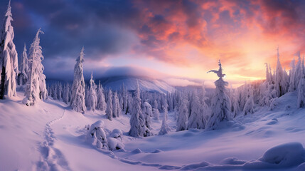 Winter paradise where mystical snowfall creates an enchanting and dreamlike landscape