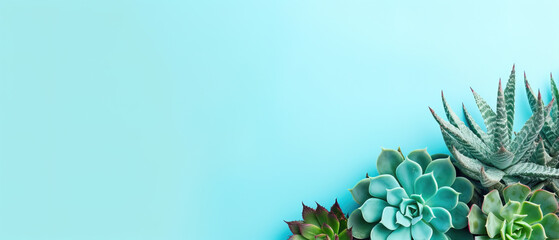minimalistic turquoise background with succulents, with empty copy space
