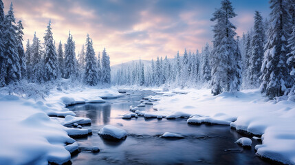Winter paradise where mystical snowfall creates an enchanting and dreamlike landscape - obrazy, fototapety, plakaty