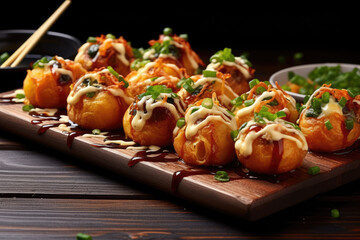 Japanese takoyaki, a round savory and crispy octopus ball with takoyaki sauce and green onion. - obrazy, fototapety, plakaty