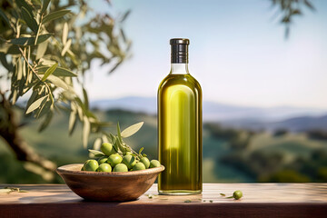 Mock up with plump green olives and bottle of premium olive oil - obrazy, fototapety, plakaty