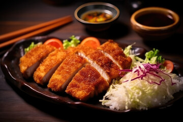 Japanese tonkatsu breaded, a deep fried pork cutlet with shredded cabbage and sauce