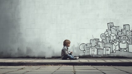 Orphan child on the street concept - boy sitting by the wall with drawn parent figures full ultra HD, High resolution
