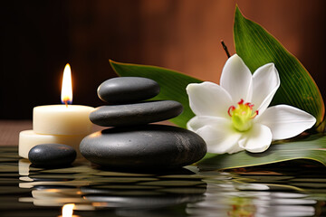 Spa atmosphere, tranquil scene, soft spa lighting, relaxing natural elements, holistic wellness