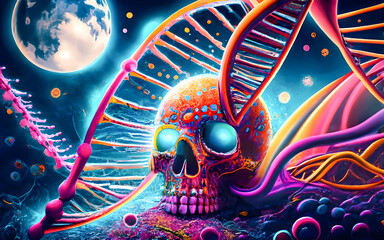  abstract science background with human skull and dna - obrazy, fototapety, plakaty