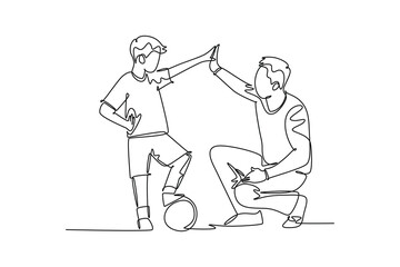 Continuous one line drawing young happy father bow his body to give high five gesture to his boy while playing soccer on football court. Parenting concept. Single line draw design vector illustration