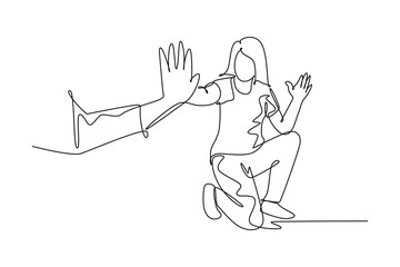 Continuous one line drawing young happy woman take a rest after do some exercise and giving high five to her friend at outfield park. Friendship concept. Single line design vector graphic illustration