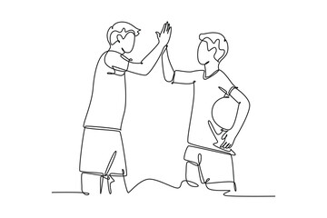 Single one line drawing two young happy man playing basket ball on outfield court and giving high five gesture. Healthy sport lifestyle concept. Continuous line draw design graphic vector illustration