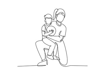Single one line drawing of young happy mother hugging her child that carried a basket ball on basketball court. Parenting family concept. Modern continuous line draw design graphic vector illustration