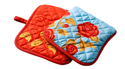 Quilted Potholders and Oven Mitt on Transparent Background Isolated on Transparent or White Background, PNG