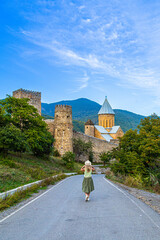 A picturesque view of the Ananuri monastery, located on the shore of the Zhinvali reservoir