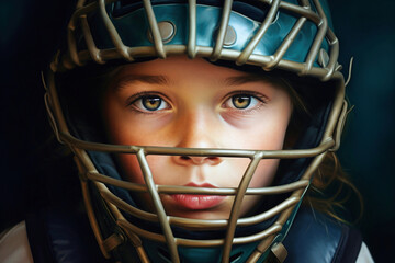 Photo of a young boy wearing a football helmet in a vibrant and energetic painting