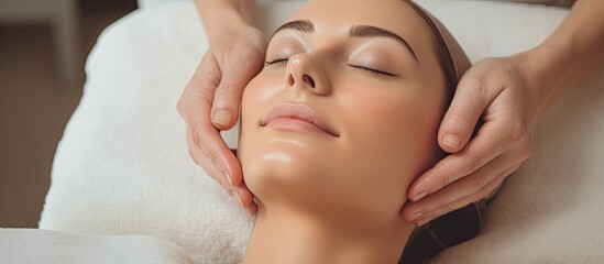Cosmetologist giving facial massage in beauty salon With copyspace for text