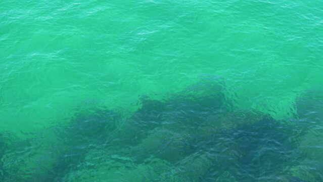Rippling sea turquoise water with underwater coast rocks. Ocean seascape