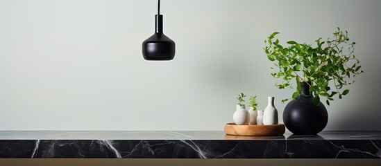 Close up of a black pendant and vase on a marble kitchen bench With copyspace for text