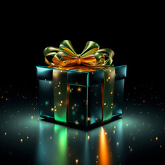 Glowing gift box with green and orange lights on a black background.